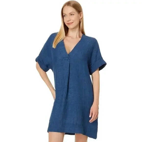 Faherty Linen Sanibel Basketweave Relaxed Fit Navy Blue Indigo Dress Size Medium - Picture 1 of 8